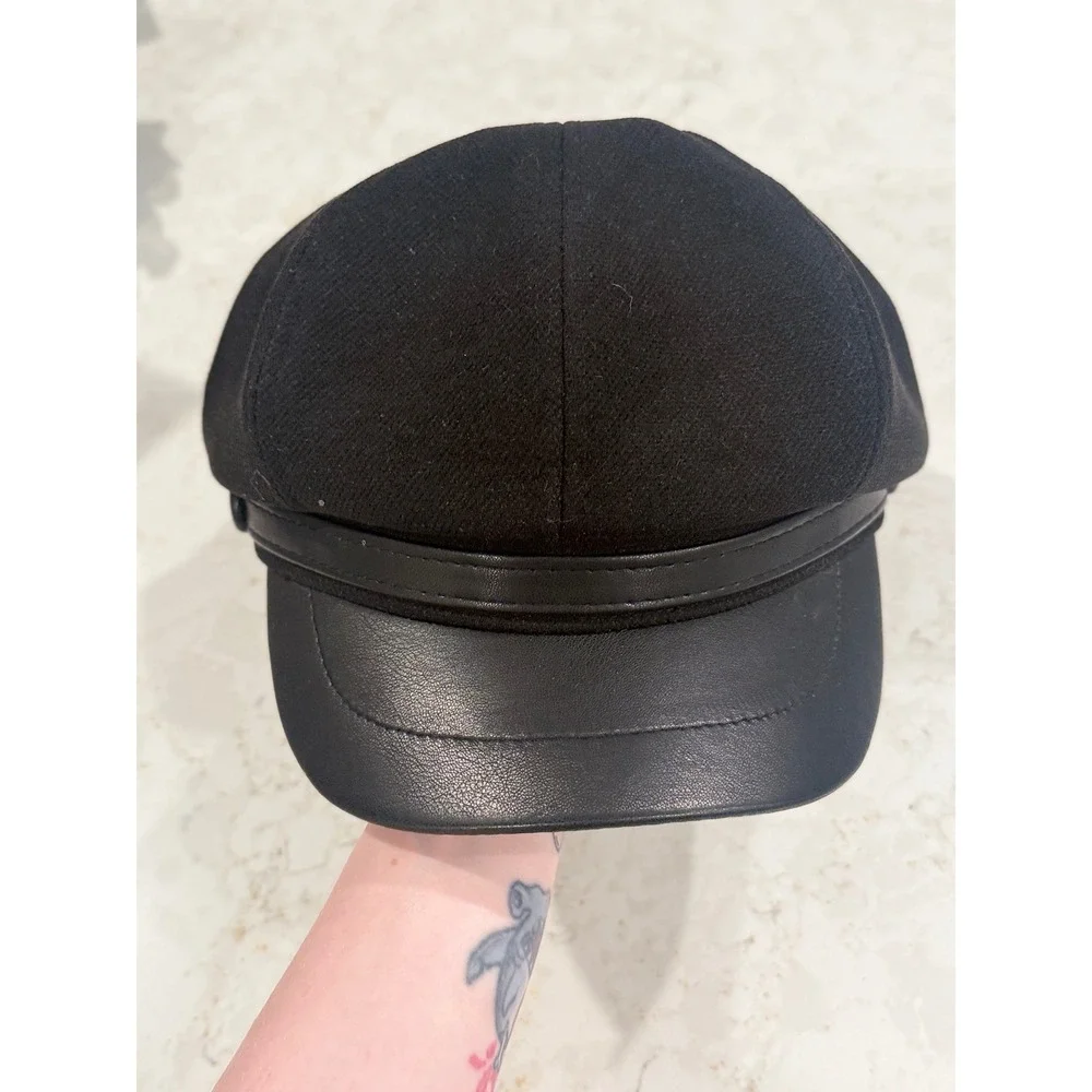 Black‎ Newsboy Baker Boy Hat Faux Leather Brim Y2K Cabbie Cap Adjustable Black